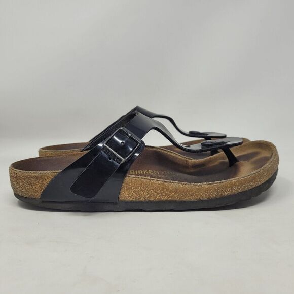 Birkenstock Sandals Womens EU39 US8.5 Gizeh Black Patent Leather Slides Comfort - Picture 2 of 10